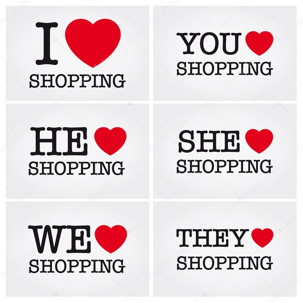 I love shopping, font type with signs, stickers and tags