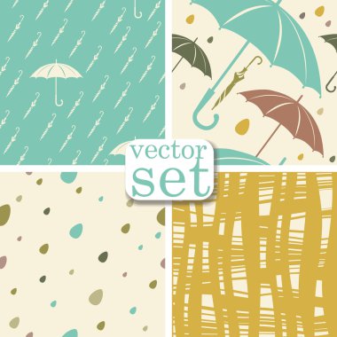 vektör kümesi. 4 Dikişsiz sonbahar arka planlar ile yağmur damlaları, şemsiye