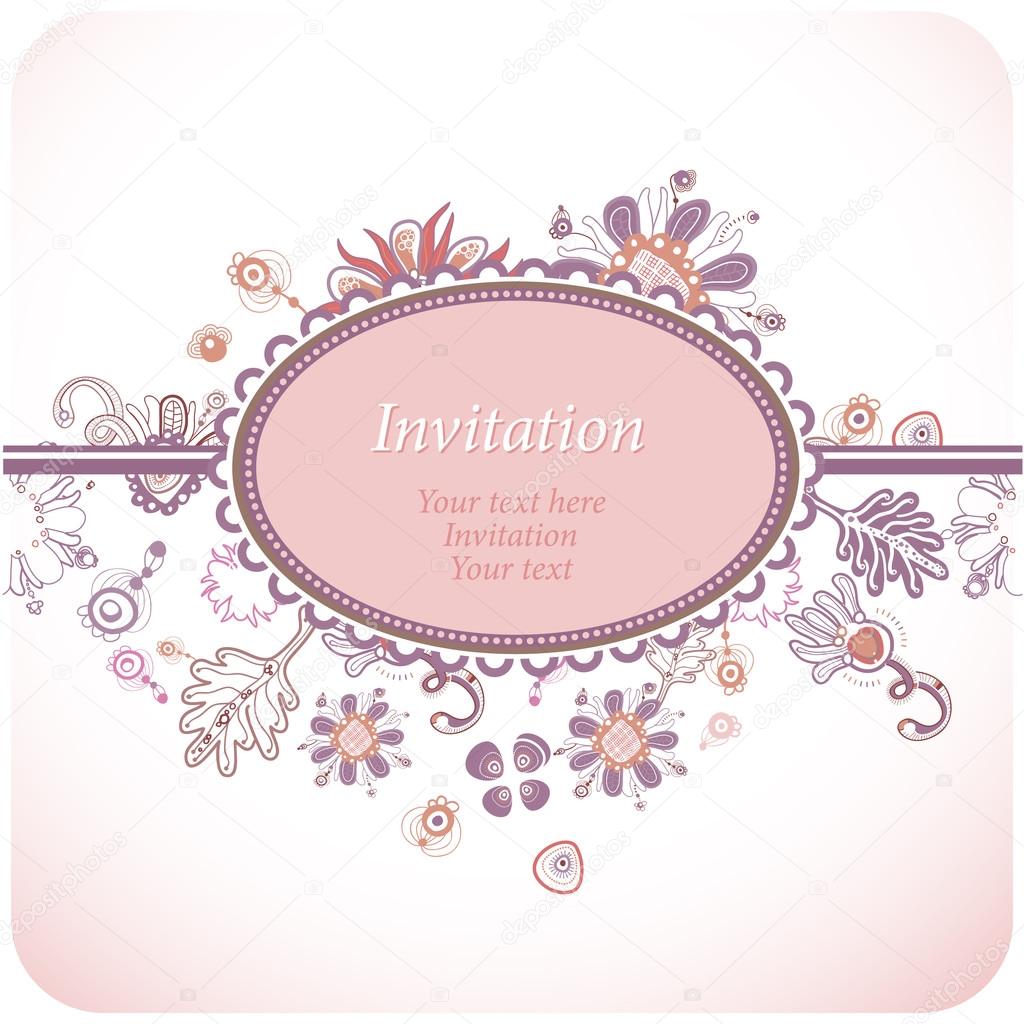 Fanciful oval invitation or greeting card with floral ornament (vector).