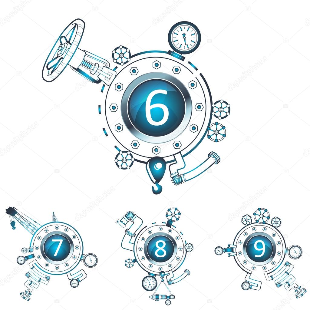 Set of numbers in construction design elements. (gas or fuel pipe, faucet, valve, connector, wheel, screw, manometer etc...) (vector)