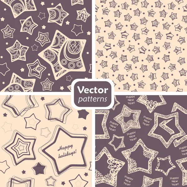 Un conjunto de 4 patrones retro festivos con estrellas decoradas . — Vector de stock