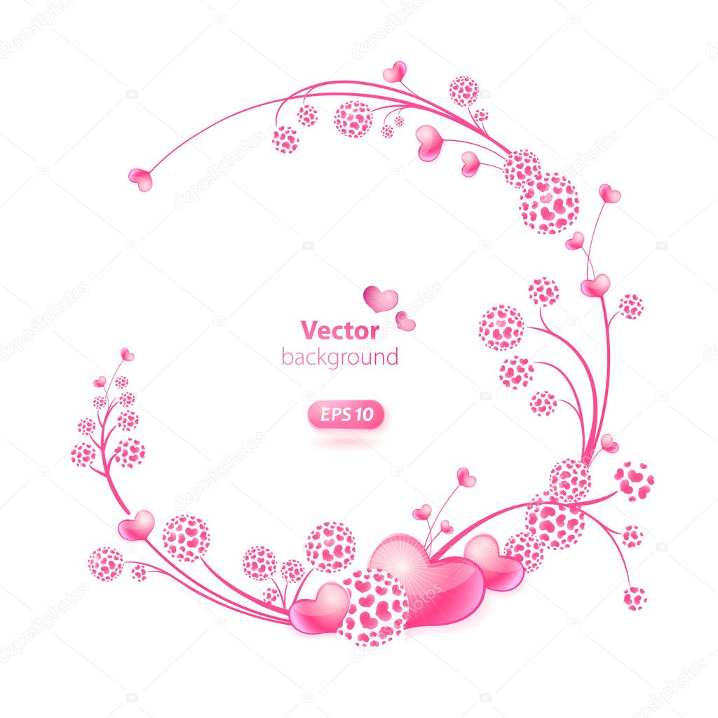 Abstract vector round frame with hearts and floral ornaments.