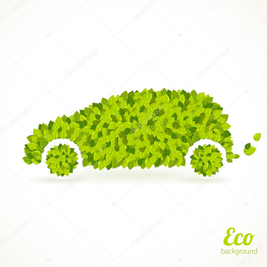 Car silhouette with green leaves. Vector Eco illustration.