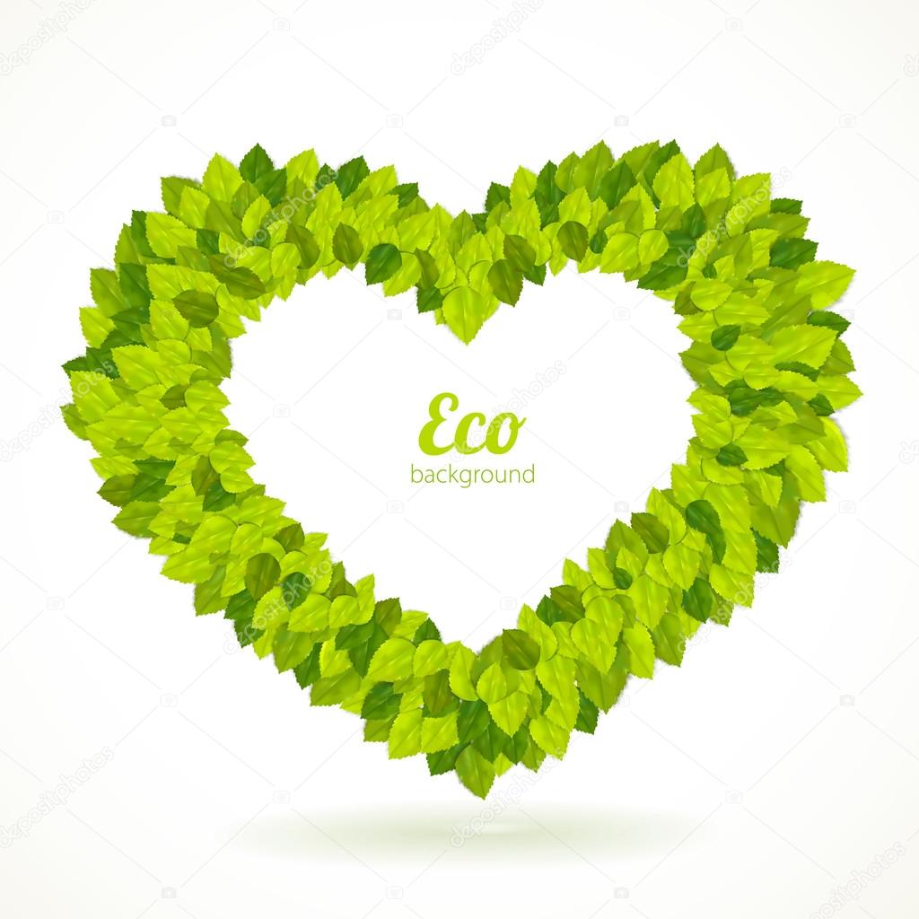 Heart shaped frame with green leaves. Vector illustration.