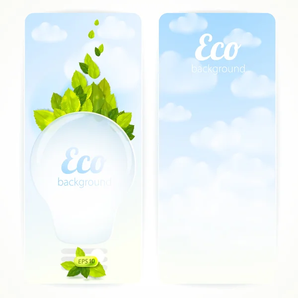 Conjunto de bandeiras vetoriais com folhas verdes, lâmpada elétrica e nuvens. Fundo ecológico . — Vetor de Stock