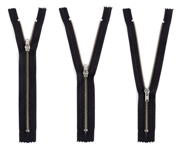 Isolated black zip open to three positions