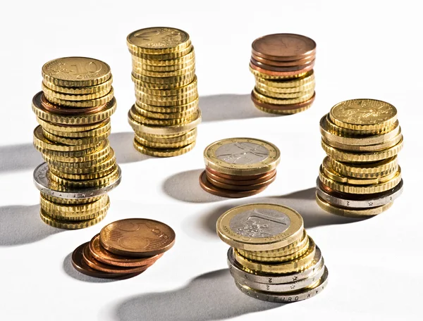 Stacks of Euro coins in different denominations — Stock Photo, Image