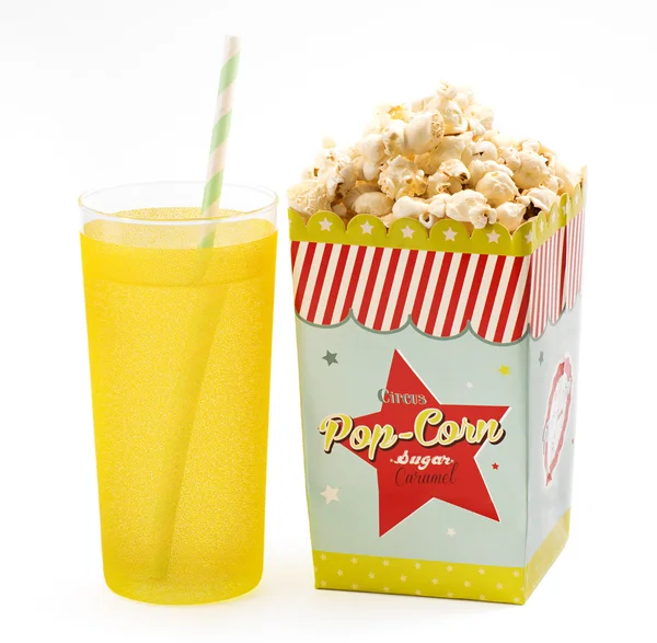 Box of popcorn with a soft drink — Stock Photo, Image