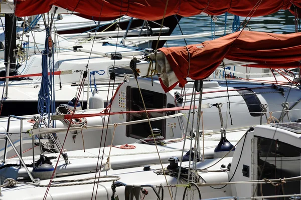 Sailing boats moored in a harbor — Stock Photo, Image