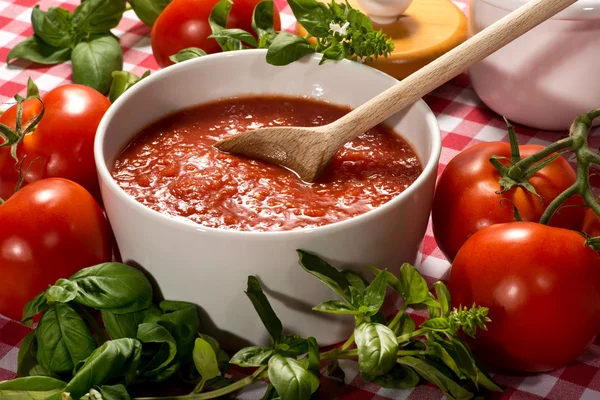 Tigela de purê de tomate caseiro saudável fresco — Fotografia de Stock