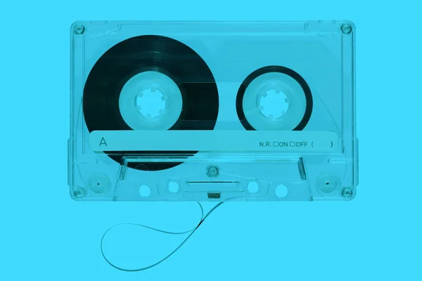 Top View Plastic Vintage Audio Cassette Magnetic Tape Bright Blue — Zdjęcie stockowe