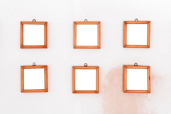 Collection Six Empty Wooden Frames Shape Square Hanging Wall — Fotografia de Stock