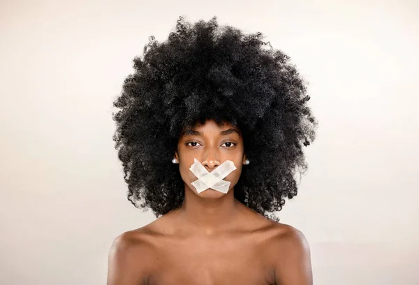 Concept Censored Portrait Attractive Young Black Woman Crossed Tapes Closing Imagens De Bancos De Imagens