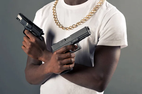 Dangerous Crop Anonymous African American Male Chain Black Guns Hands — Stock Photo, Image