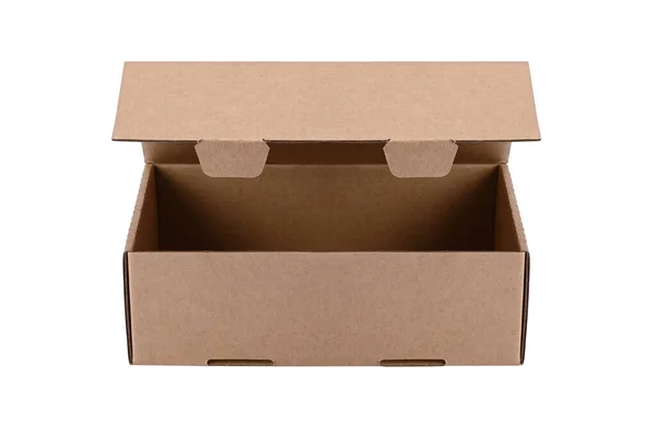 Hnědá Prázdná Krabička Kartonu Otevřeným Víčkem Pro Přepravu Umístěná Izolovaně — Stock fotografie