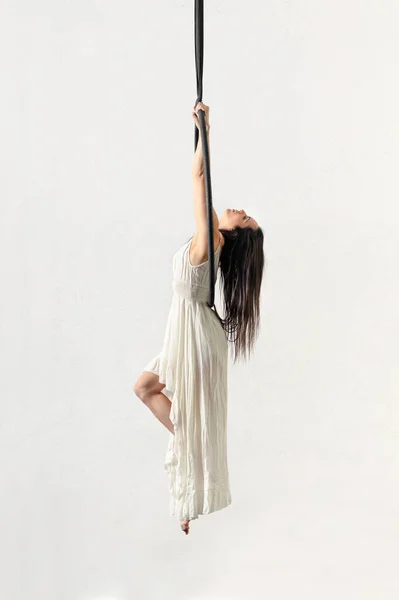 Side View Barefoot Brunette Long Dress Hanging Aerial Silks While — Foto de Stock