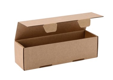 Three quarter view of single empty carton box with opened lid for packing belongings and delivery isolated on white background
