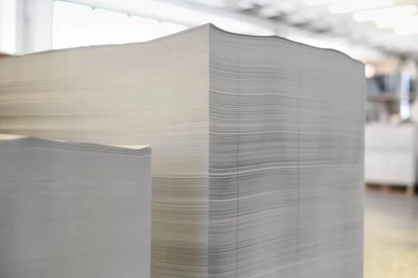 White printing paper sheets stacked in piles during workday in sunlit professional typography workshop