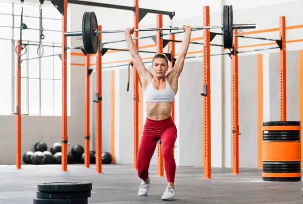 Full Body Strained Sportswoman Lifting Heavy Barbell Head Lunging While — Stockfoto