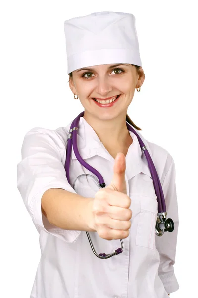 Woman doctor shows the thumb — Stock Photo, Image