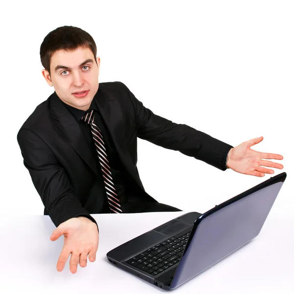 Удивленный бизнесмен с ноутбуком — стоковое фото