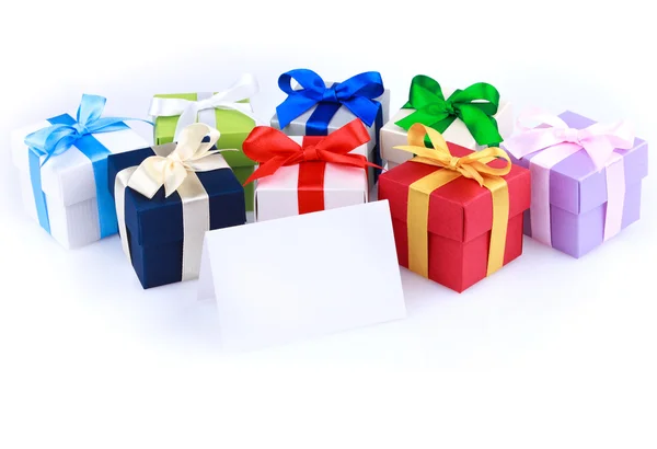 Greeting card with gift boxes — Stock Photo, Image