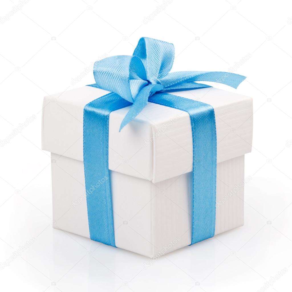 white gift box with blue ribbon