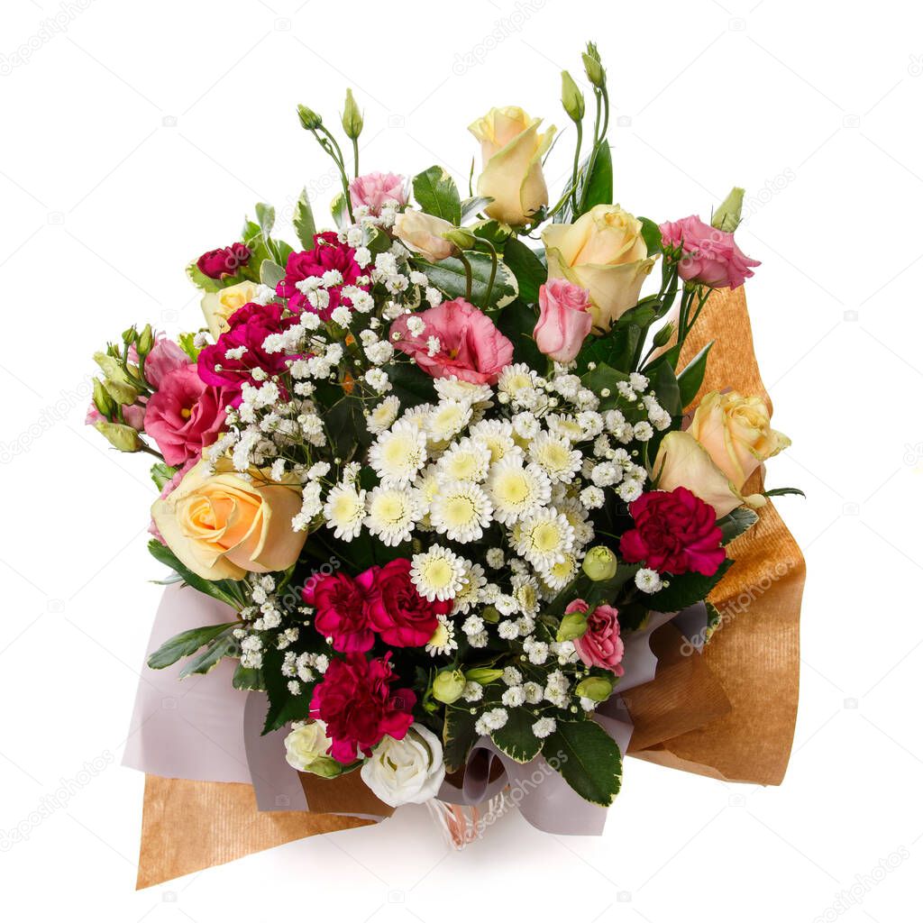 Close up of a beautiful colorful bouquet of flowers wrapped in kraft paper on a white background. Celebrating a wedding, birthday or anniversary.