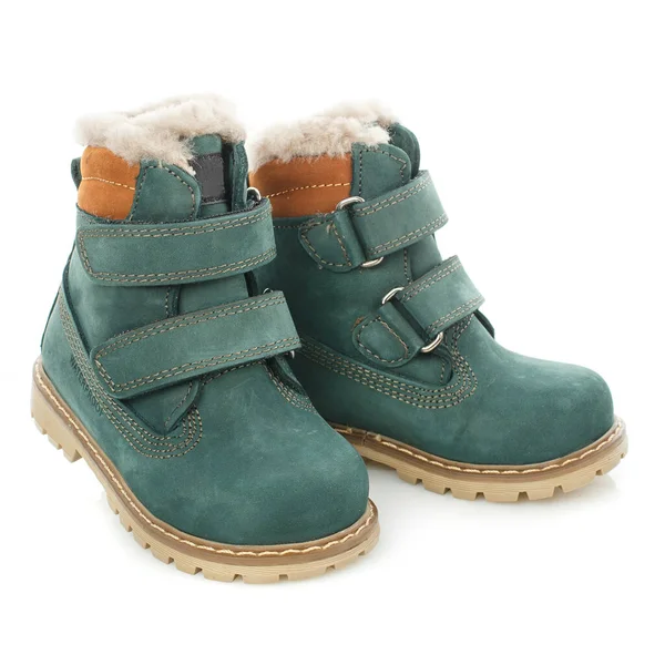 Παιδικές Πράσινες Μπότες Γούνα Και Velcro Για Περπάτημα Φθινόπωρο Την — Φωτογραφία Αρχείου