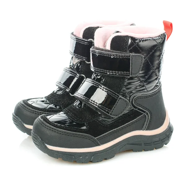 Seitenansicht Der Kinder Winter Schwarze Wasserdichte Glänzende Stiefel Mit Rosa — Stockfoto