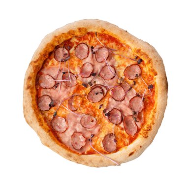 Pizza isolated on a white background. Pepperoni pizza. Tomato base, two types of cheese and a lot of salami.