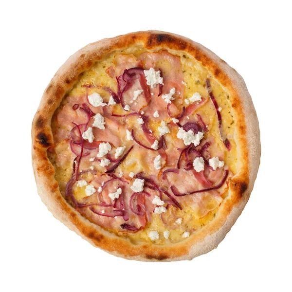 Pizza Aislada Sobre Fondo Blanco Cremoso Con Tocino Tostado Cebolla —  Fotos de Stock