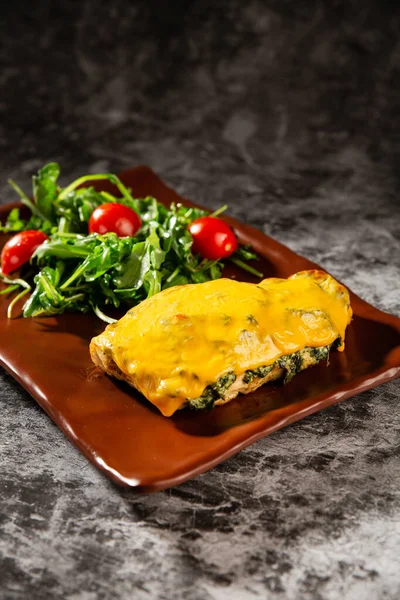 Fillet Cheese Spinach Served Arugula Salad Cherry Tomatoes Microgreens — Stock Photo, Image
