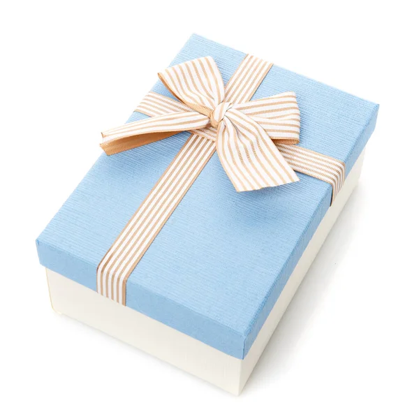 White Blue Gift Box Large White Brown Bow White Background — ストック写真