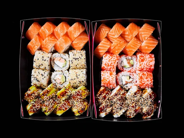 Top View Assorted Sushi Black Background Two Cardboard Boxes Ready — Fotografie, imagine de stoc