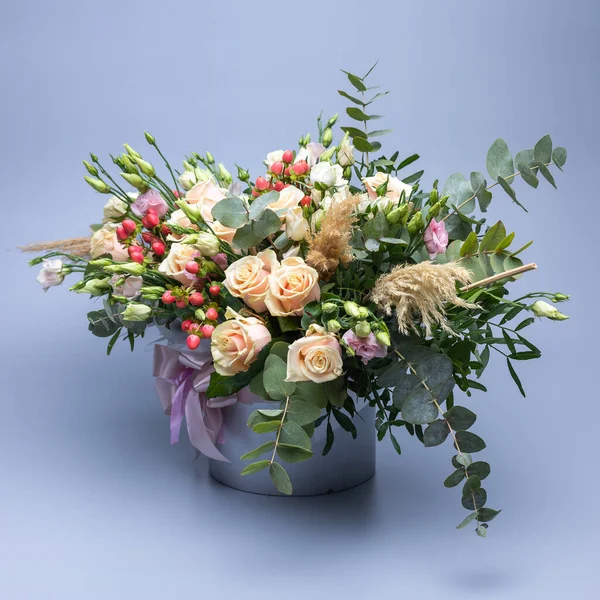Festively Packaged Bouquet Pastel Color Composed Roses Other Different Flowers — Stock fotografie