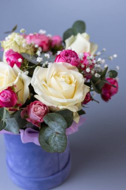 Close up of a bouquet in a blue velor round gift box on a blue background. Bouquet with beige and pink roses, white gypsophila and eucalyptus twigs. Concept of floristics. Floral banner.
