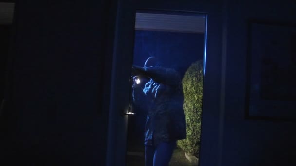 Burglar comes in watch around with torch 10843 — Stock Video