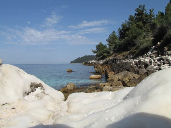 Biały marmur rock, błękitne wody i sosnowym na plaży marmuru lub saliara, Thásos, Grecja — Zdjęcie stockowe