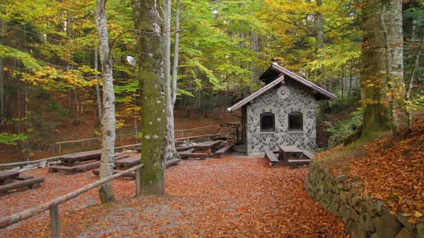 Área de picnic con pequeña casa de piedra en el bosque de otoño — Foto de Stock