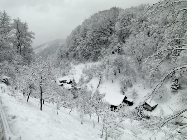 Paisaje invernal - pueblo somnoliento en valle nevado —  Fotos de Stock