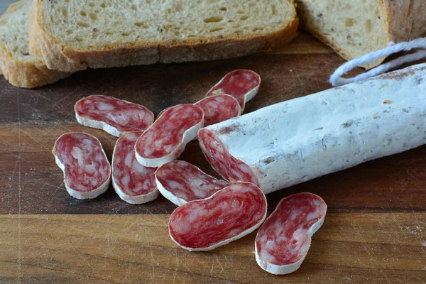 Spanish Sausage White Mold Sliced Dark Wooden Chopping Board Some — Stockfoto