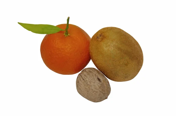 Grupo de mandarina madura, frutos de nuez y kiwi — Foto de Stock
