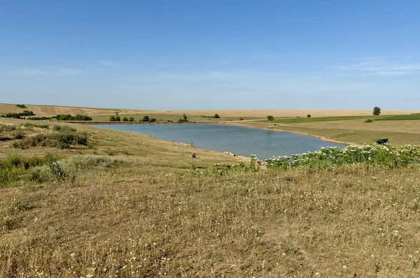 Pequeño lago presa por campo rural de trigo — Foto de Stock