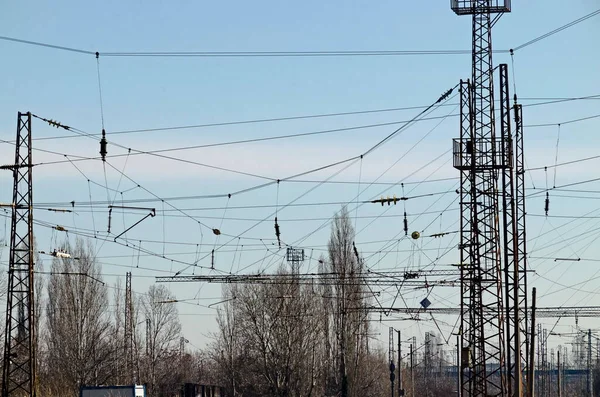 Installations Ferroviaires Réseau Électrique Avec Poteaux Fils Fer Ancienne Gare — Photo