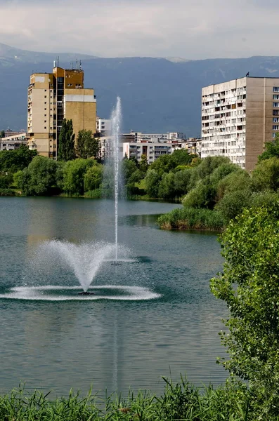 Spring Panorama Part Residential Area Lake Fountain Drujba Sofia Bulgaria — Photo