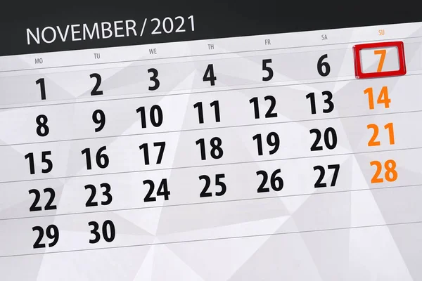 Planer Kalendarza Miesiąc Listopad 2021 Termin Składania Ofert Niedziela — Zdjęcie stockowe