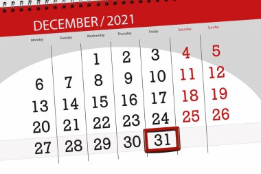 Ayın takvim planlayıcısı Aralık 2021, son gün, 31, Cuma..
