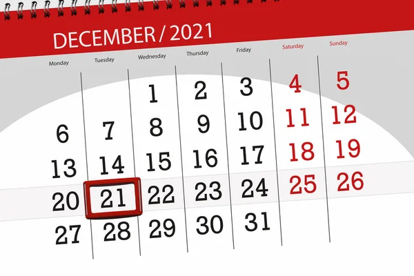 Calendário Planejador Para Mês Dezembro 2021 Data Limite Terça Feira — Fotografia de Stock