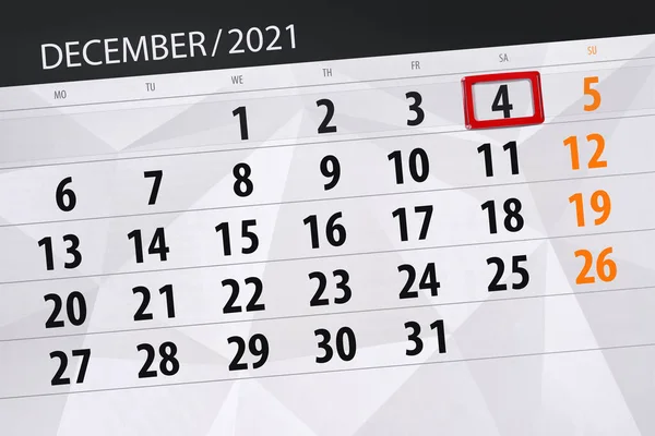 Calendar Planner Month December 2021 Deadline Day Saturday — Stock Photo, Image